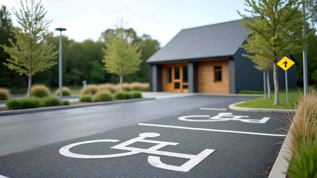 Accessible parking area near visitor centre with clear signage, flat paved ground, and entrance to boardwalk visible in background