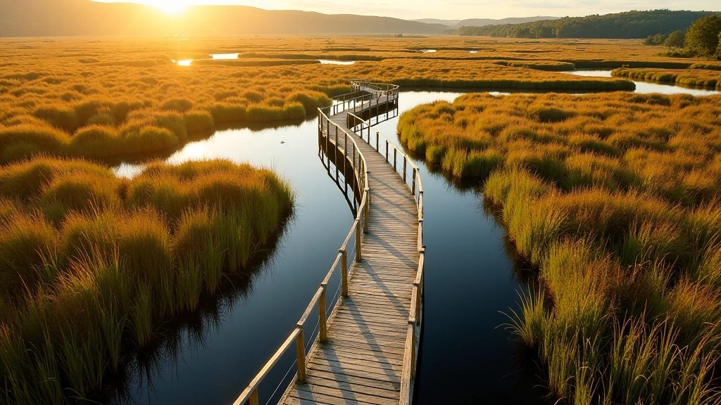 Aerial view of Lough Boora wetland with boardwalk pathway