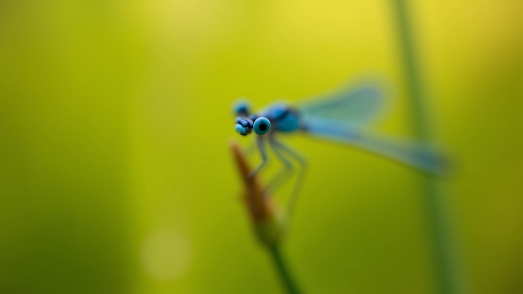 Brilliant blue damselfly resting on plant stem, wetland vegetation in soft focus, summer light, macro nature photography with sharp detail