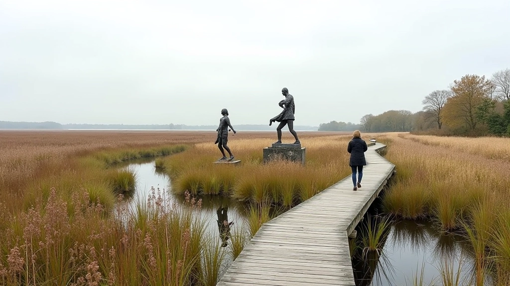 Contemporary art sculpture installation in natural wetland setting, boardwalk path alongside artistic installation, cultural landscape