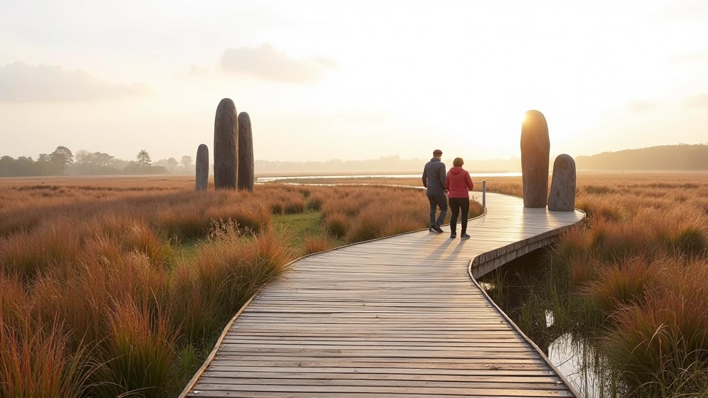 Contemporary sculpture installations along wooden boardwalk with autumn wetland landscape