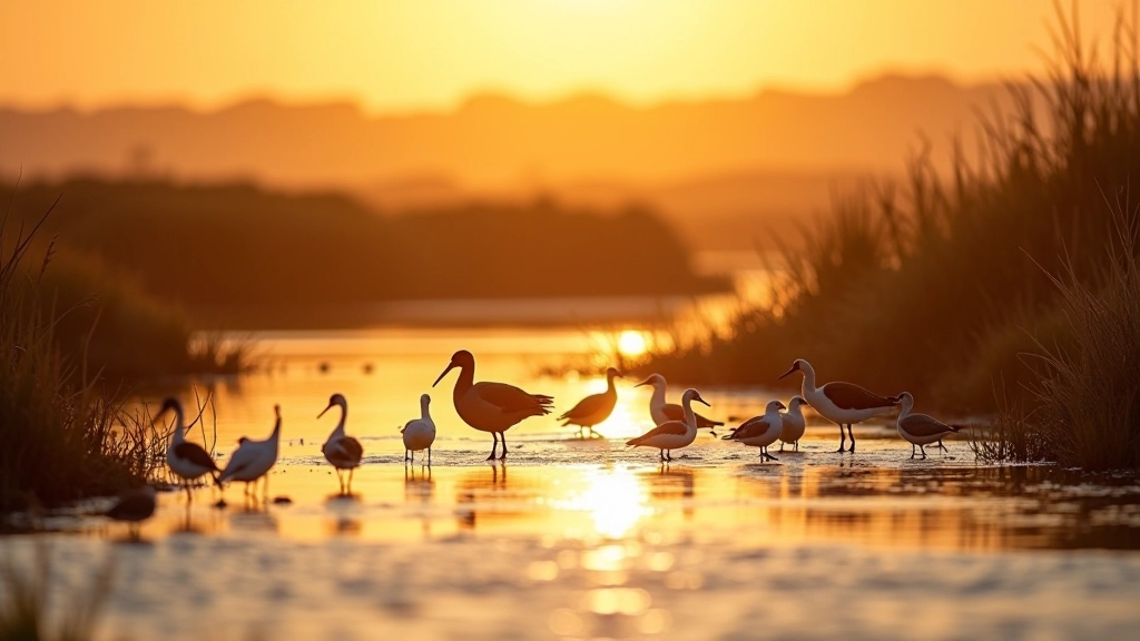 Diverse wetland birds gathered at water's edge during golden hour, marshland habitat with reeds and water plants, natural wildlife photography