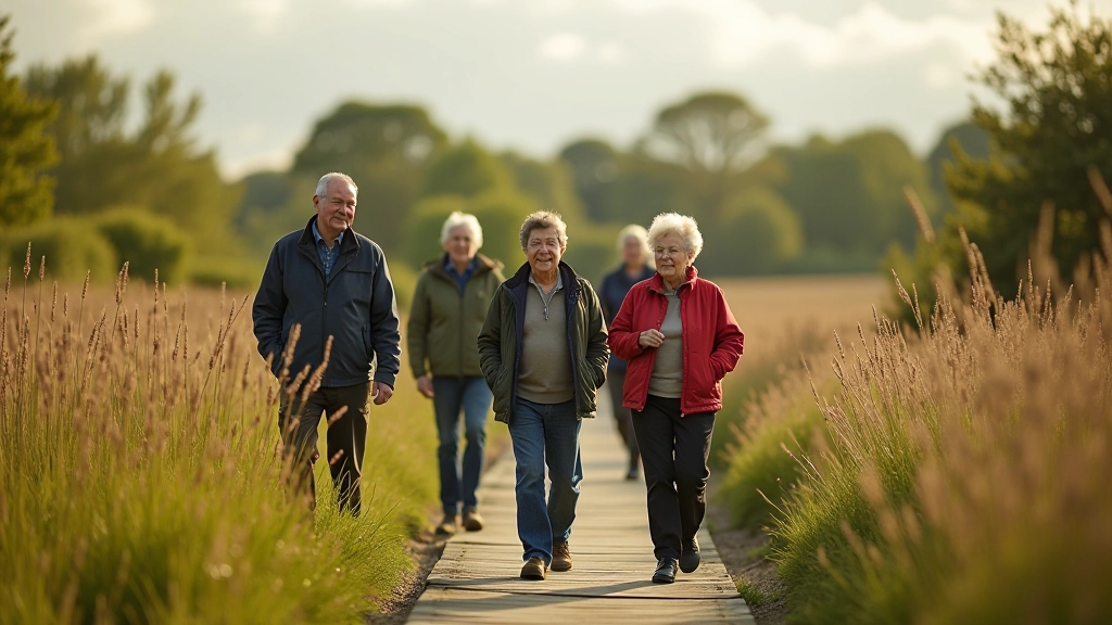 Group of retired walkers on accessible nature trail in countryside setting