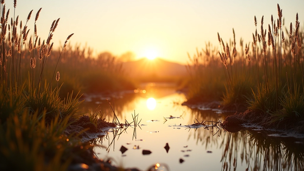 Wetland landscape showing water reflection with reeds and vegetation during golden hour sunset light