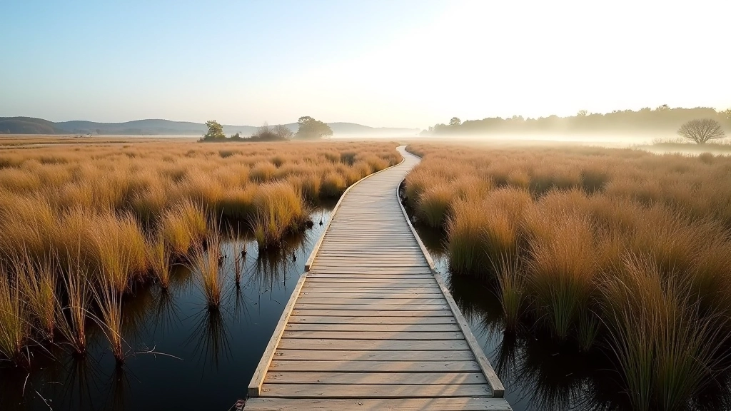 Scenic boardwalk path through wetland landscape at Lough Boora