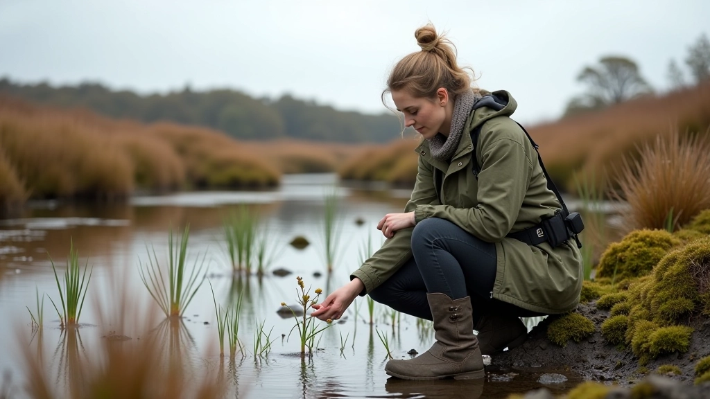 Síle O'Meara working in a wetland environment, taking field notes and observing peatland ecosystem