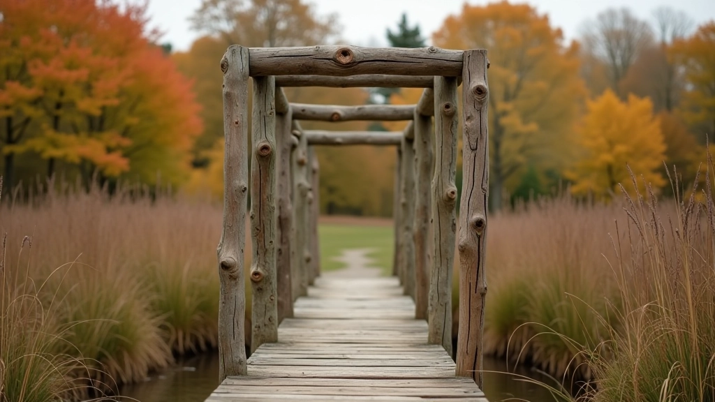 Weathered wooden sculpture structure integrated into bog landscape with autumn colors
