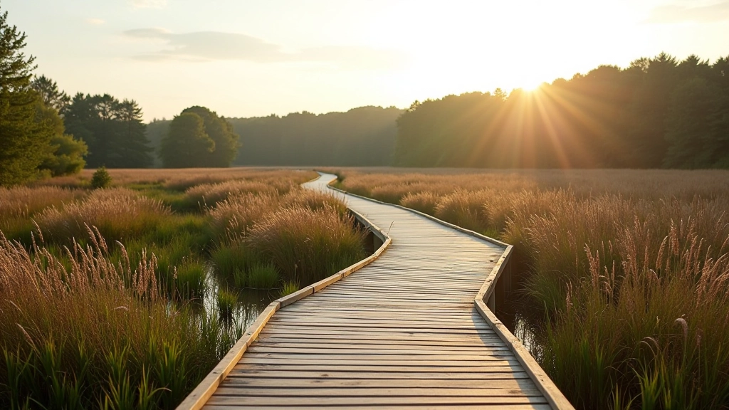 Wooden boardwalk pathway through wetland with scenic bog landscape