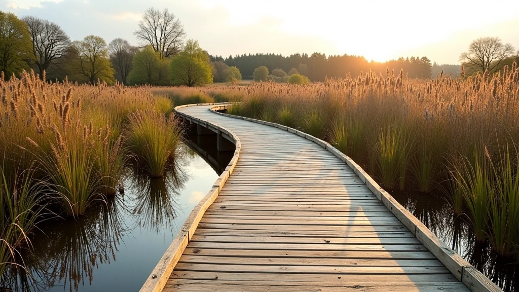 Wooden boardwalk winding through wetland landscape with reeds and water reflections at Lough Boora Parkland